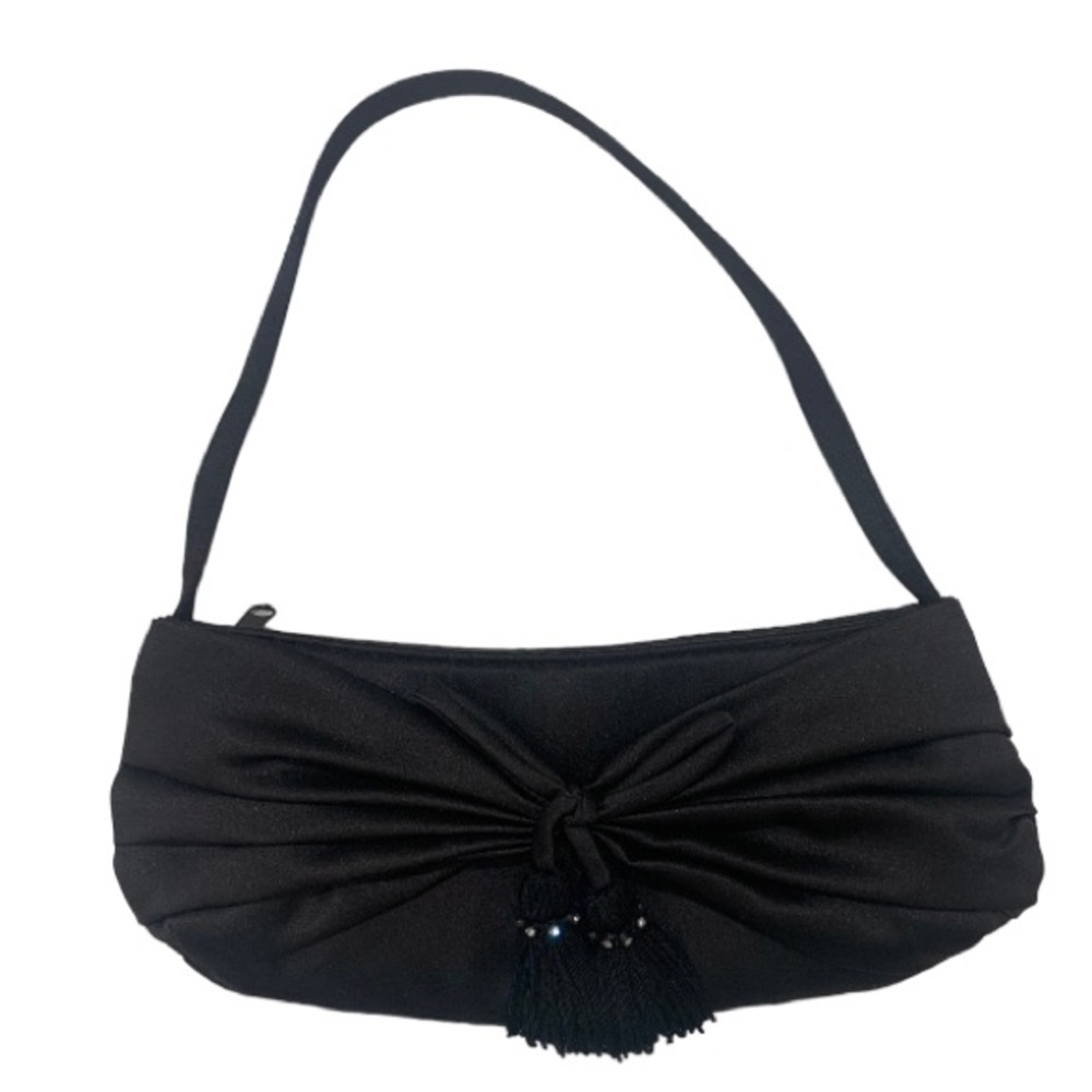 Vintage La Regale 
Satin black evening bag clutch with crystals & tassels.